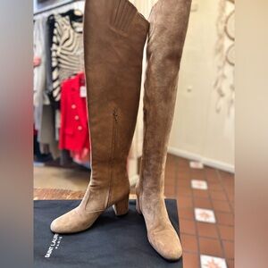 Saint Laurent Over the Knee Greige Tan Suede Heeled Boots